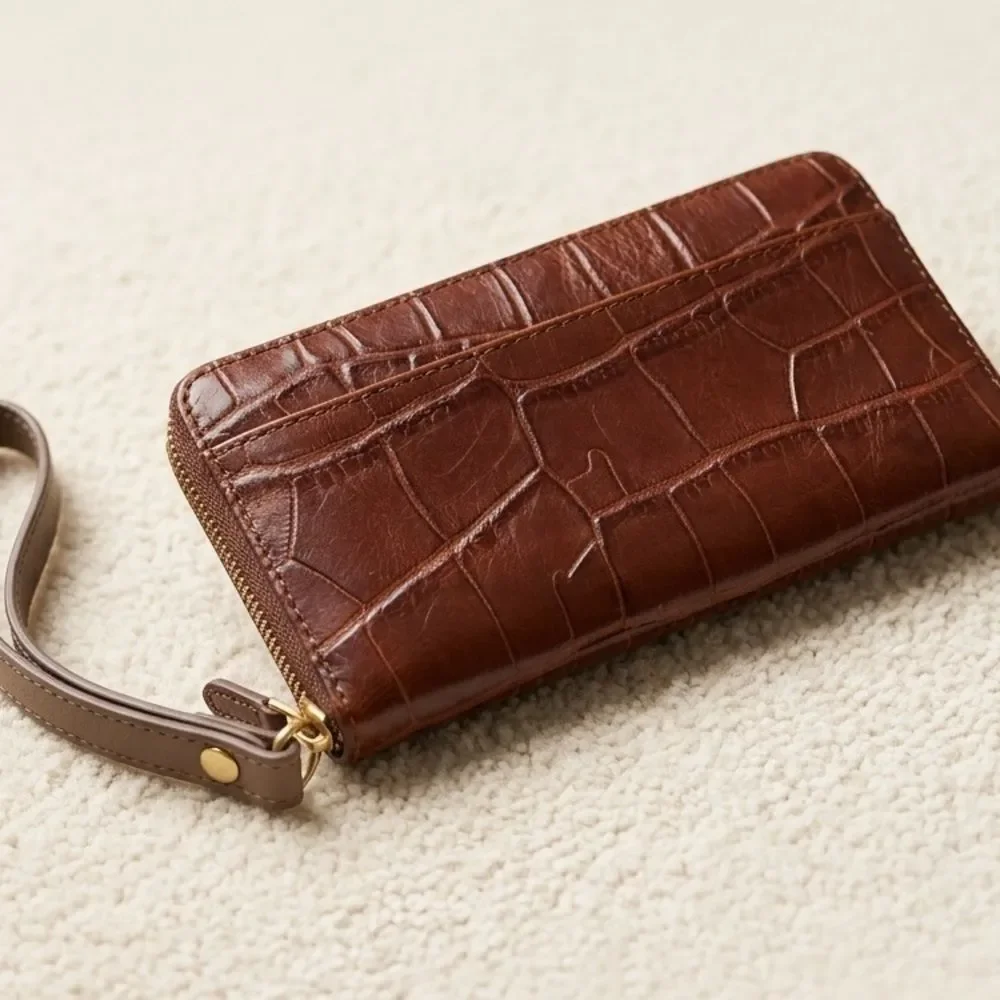 Fossil Croco-Embossed Leather Zip-Around Wristlet Wallet Travel Organizer